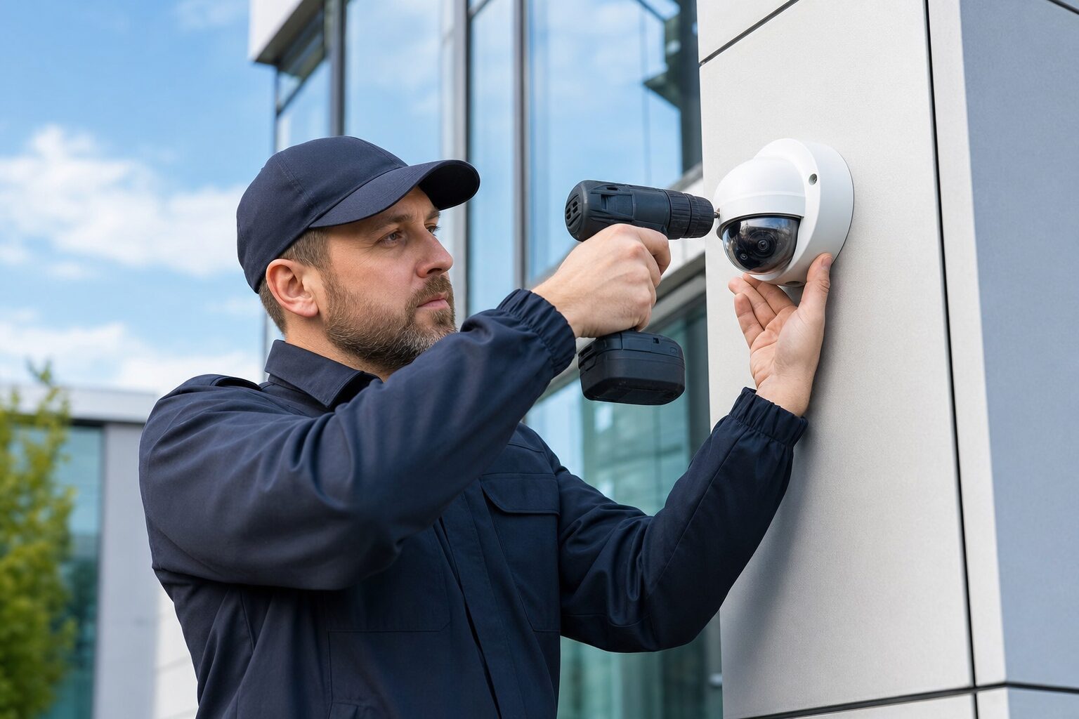 Technician installing a security camera